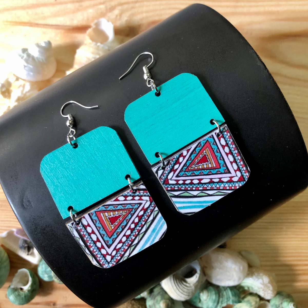 Teal Triangle Wooden Earrings