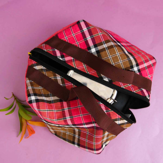 Pink Checked Handloom Lunch Bag