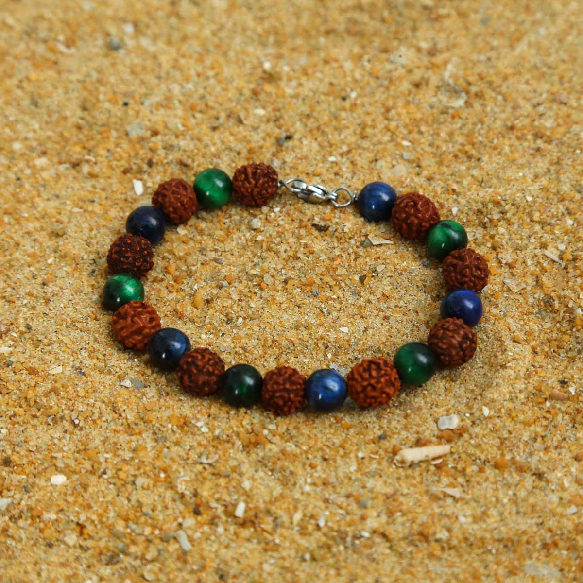 Stainless Steel Rudraksha, Blue & Green Tiger's Eye Bracelet