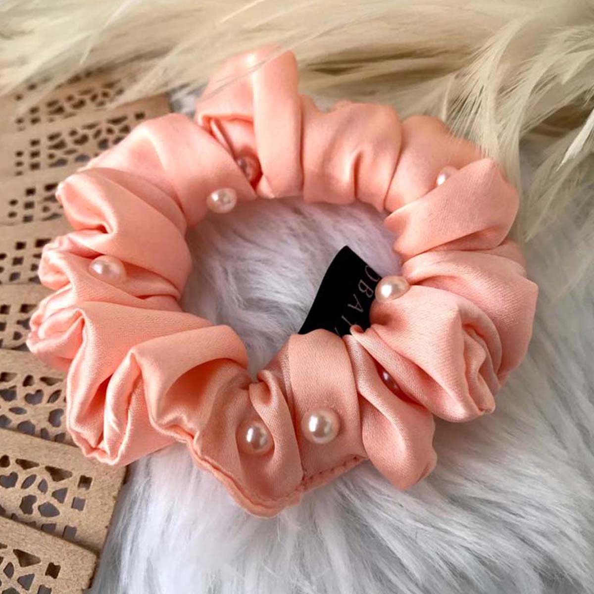 Cantaloupe Satin Pearl Mini Scrunchie