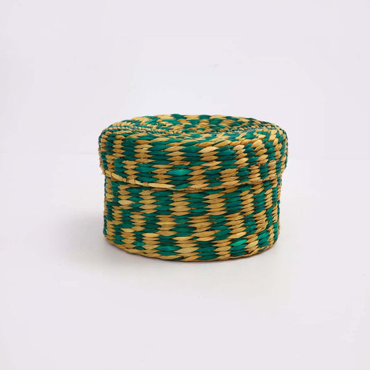 Turq Checked Reed Round Storage Box
