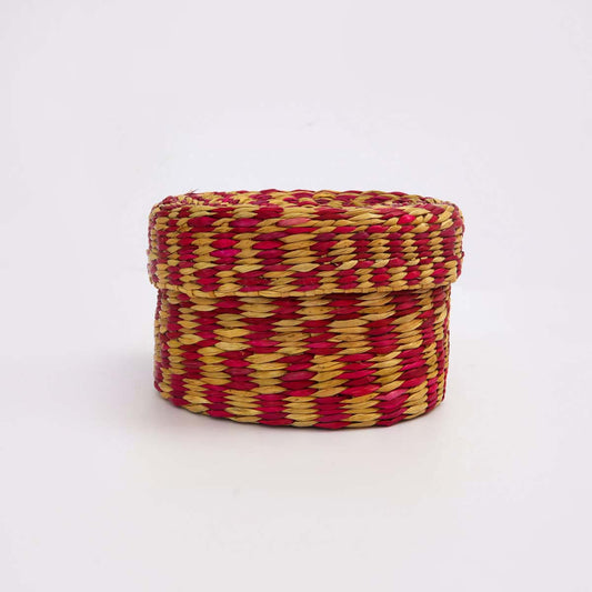Magenta Checked Reed Round Storage Box