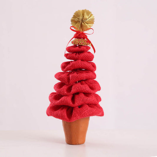 Boho Red Burlap Mini Christmas Tree