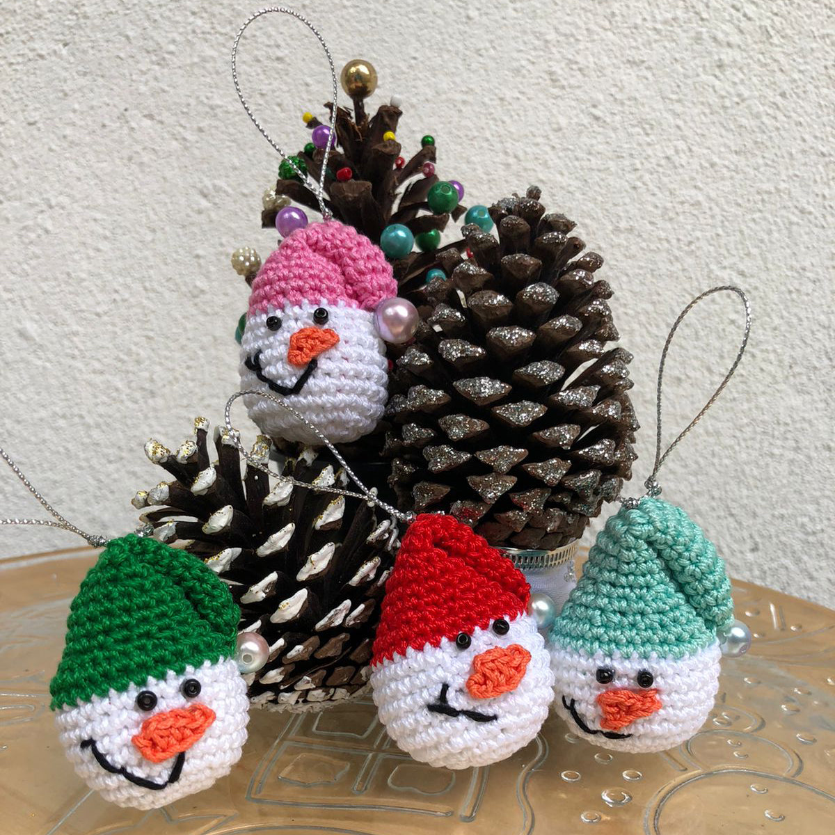 Pink Amigurumi Snowman Ornament