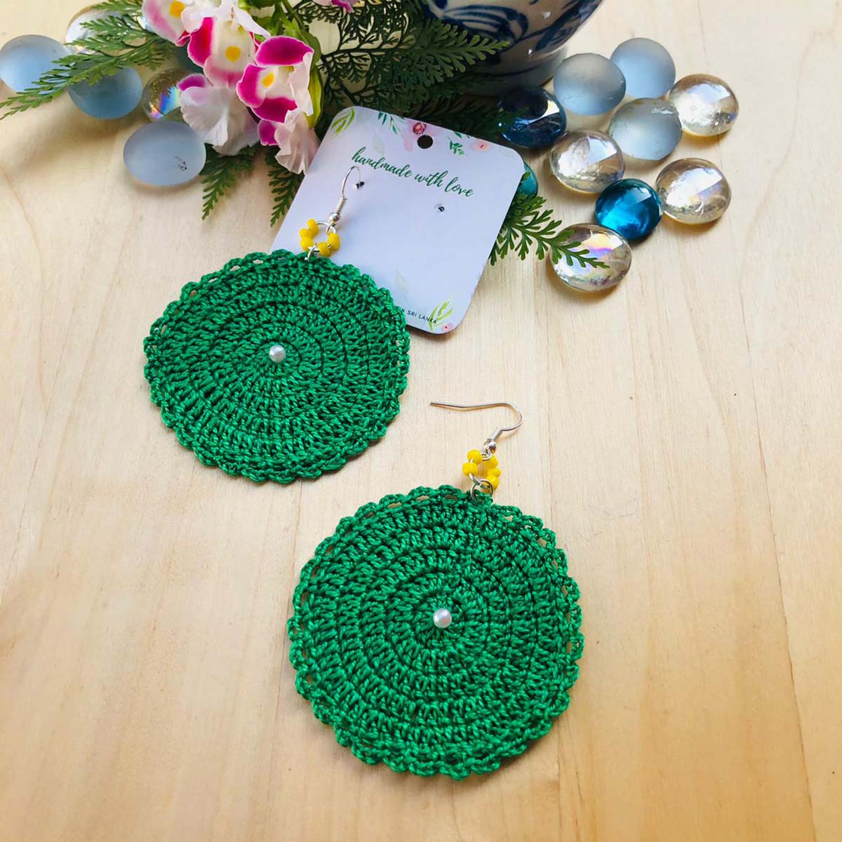 Green Pearl Flower Crochet Earrings
