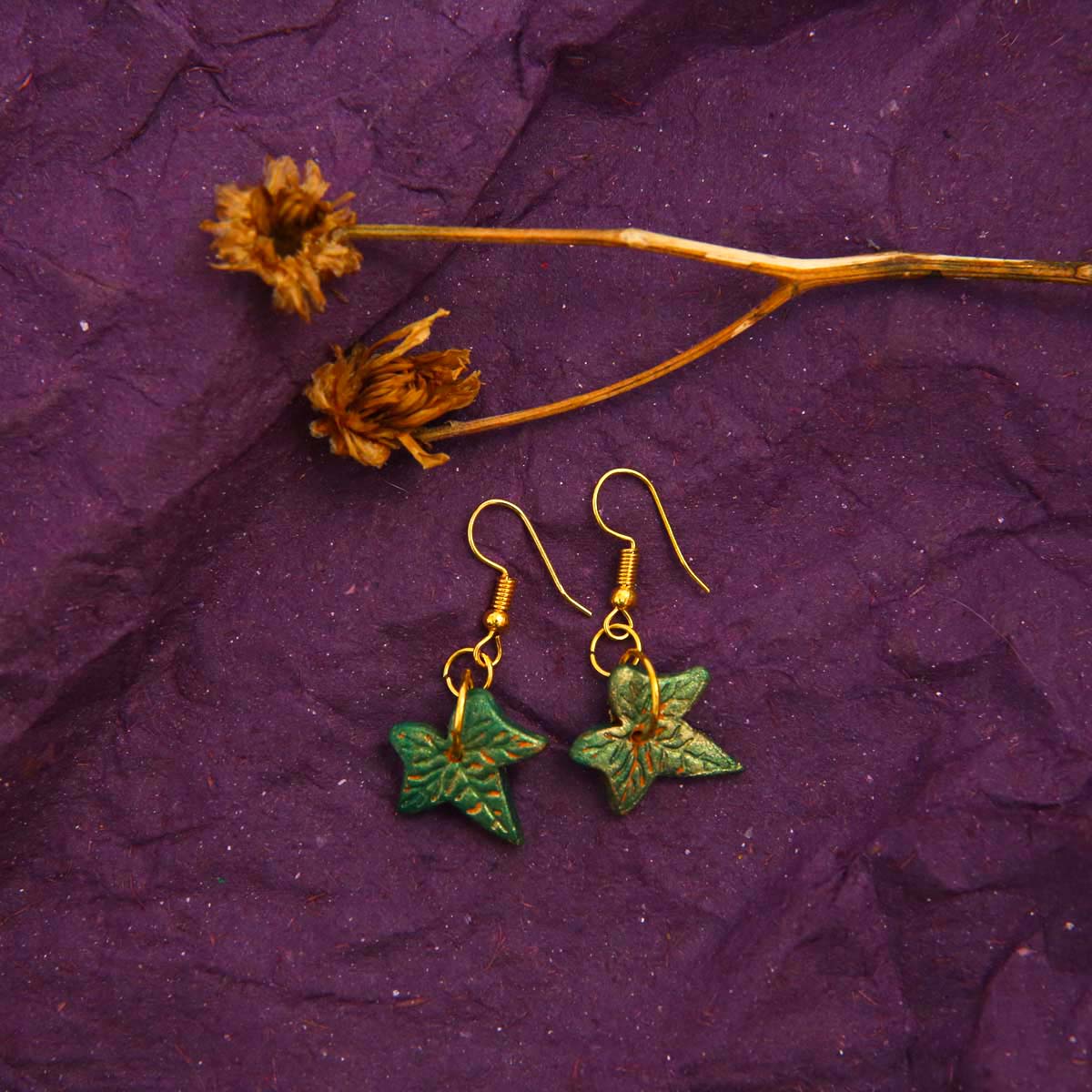 Green Shimmery Leaf Terracotta Earrings