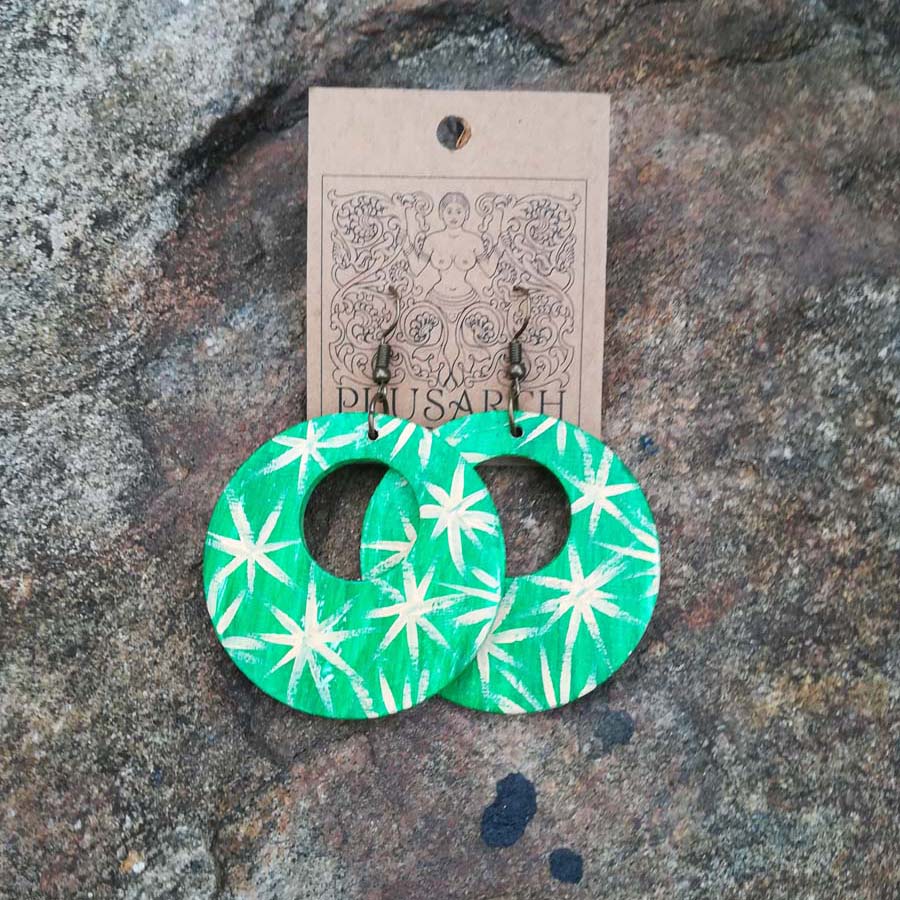 Green Stars Wooden Earrings