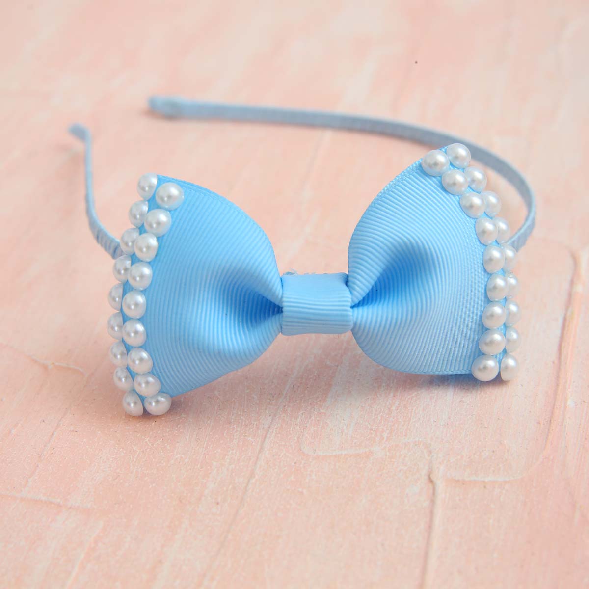 Baby Blue Pearly Lily Bow Metal Hair Band