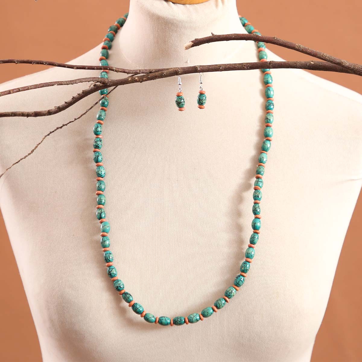 Turq & Tan Necklace & Earring Set