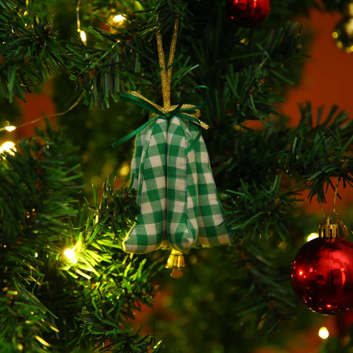 Green & White Gingham Bell Ornament