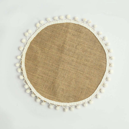 White Pom Pom Burlap Table Mat Set