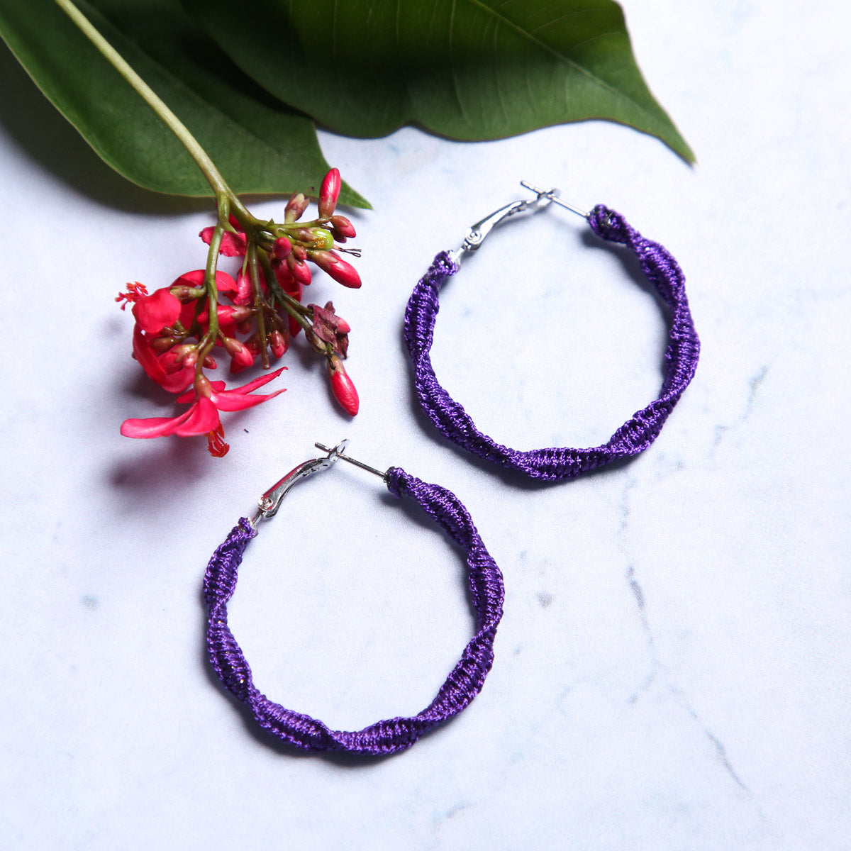 Purple Macrame Hoop Earrings