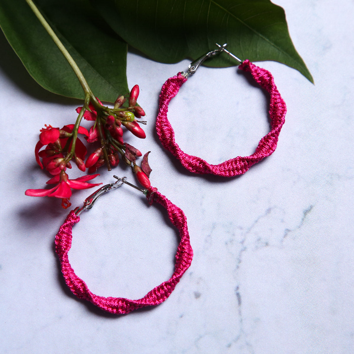 Magenta Macrame Hoop Earrings