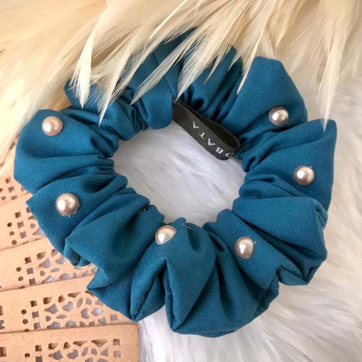 Teal Pearl Mini Cotton Scrunchie