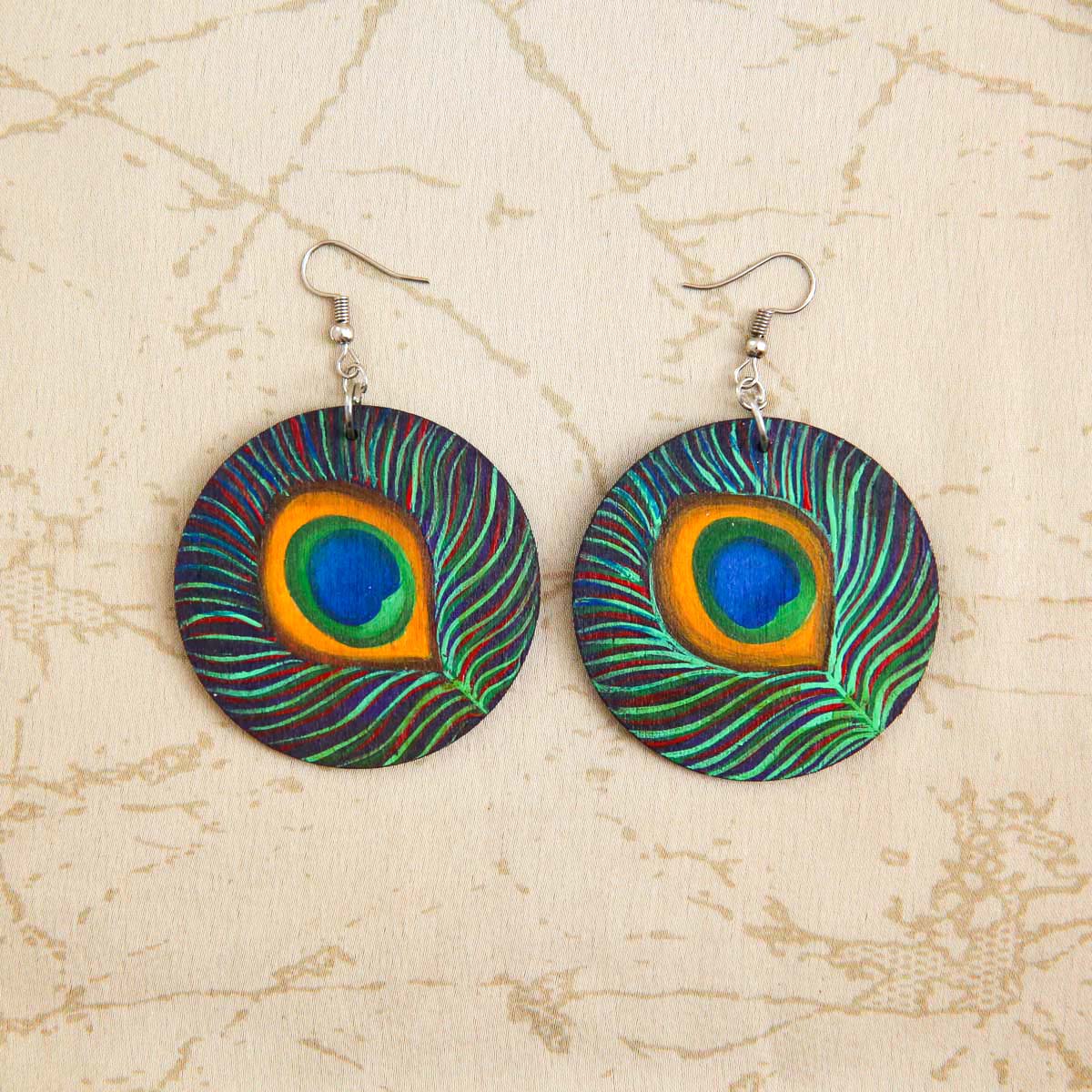 Peacock Feather Wooden Earrings