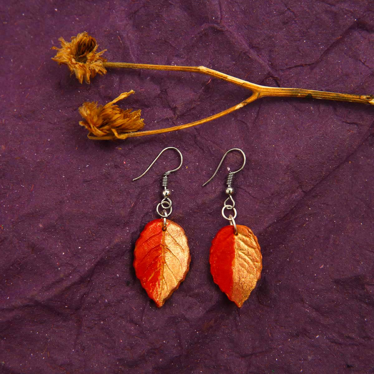 Red & Gold Leafy Terracotta Earrings