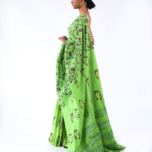 Lime Block Printed Saree