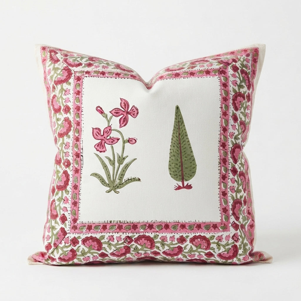 Blush Blooms Block Printed Cushion Cover