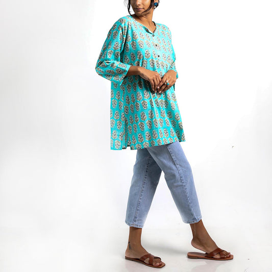 Teal Shades Block Printed Top
