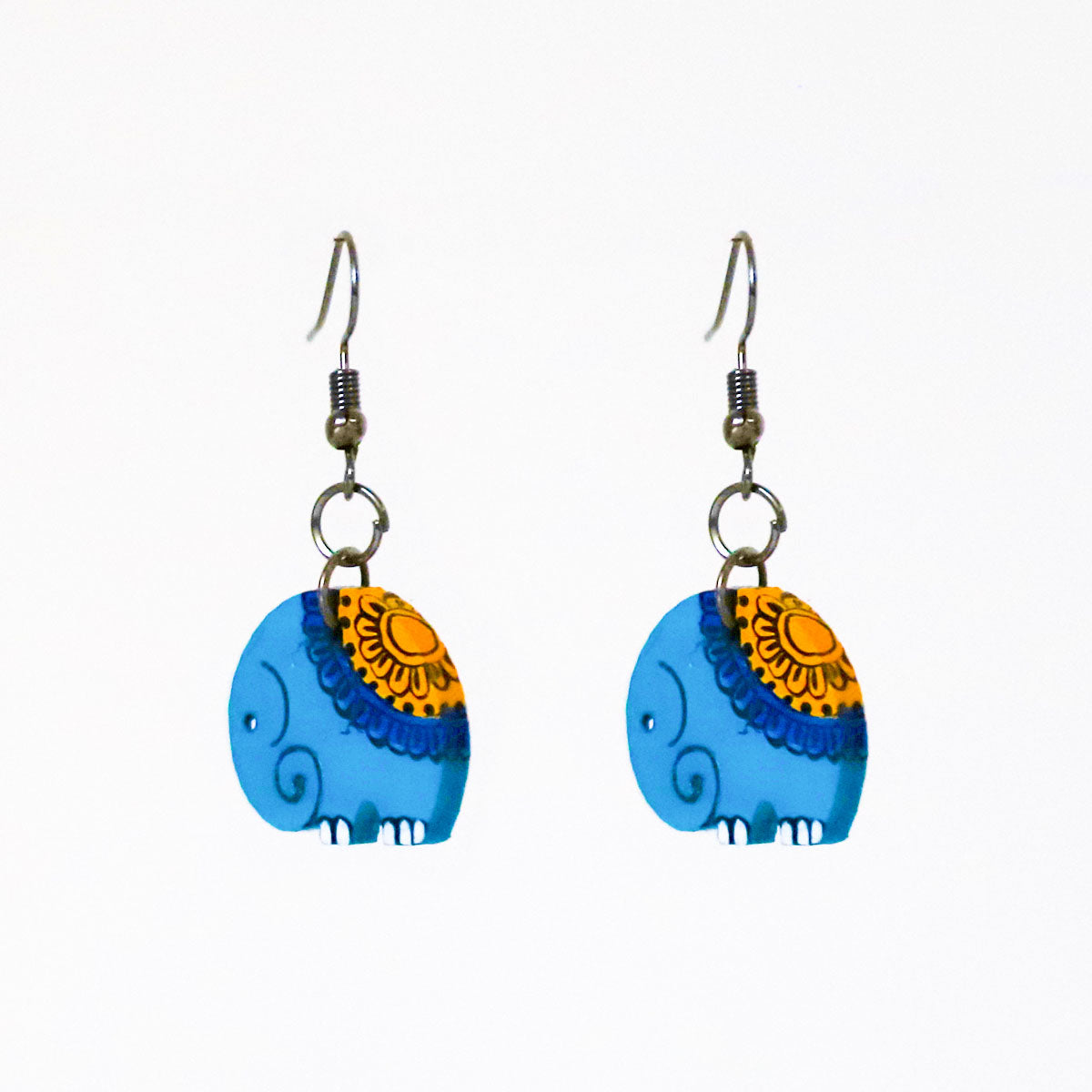 Blue Elephant Charm Wooden Earring