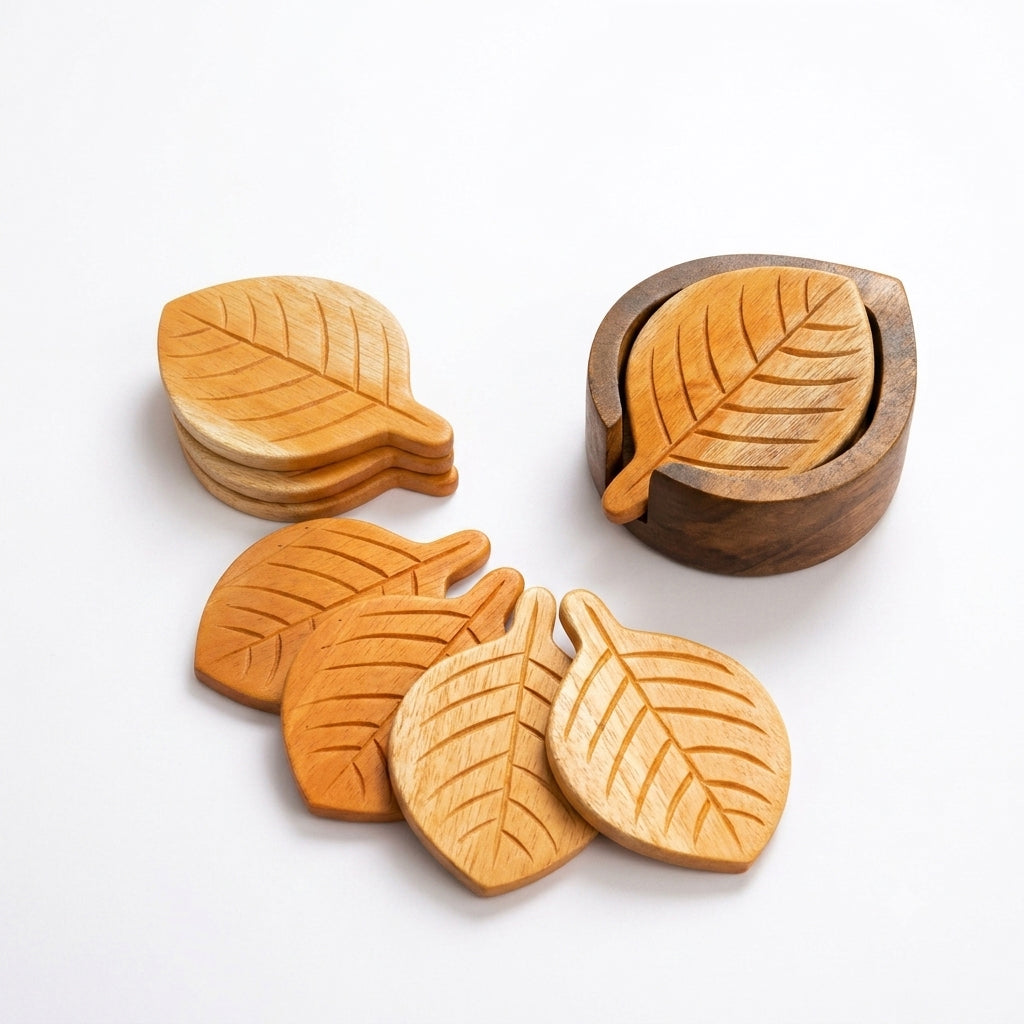 Wooden Leafy Coaster Set & Holder
