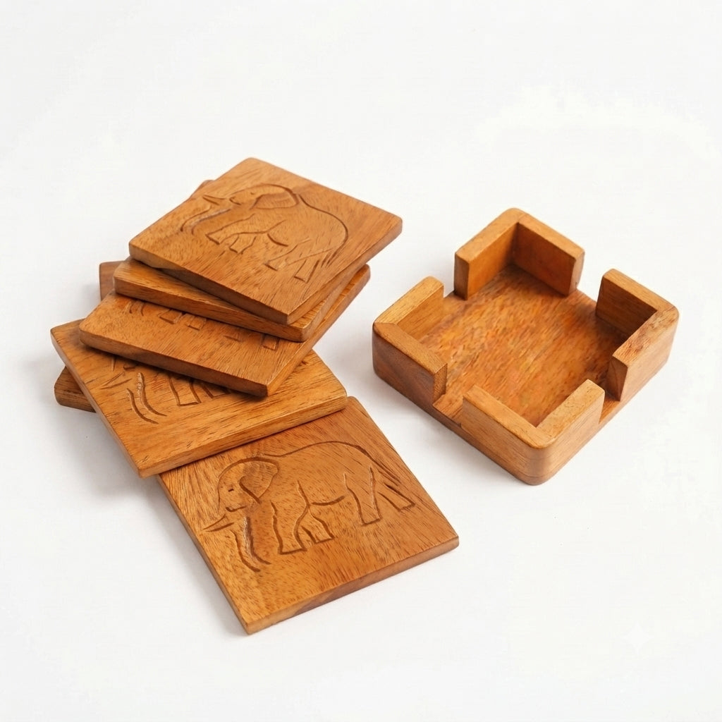 Wooden Ellie Coaster Set & Holder