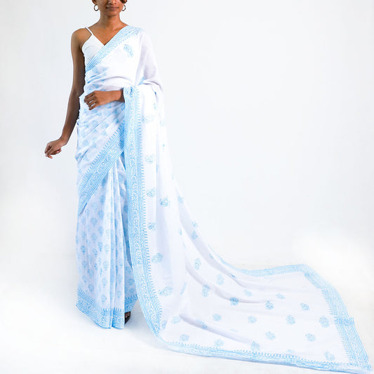 Cerulean Sky Block Printed Saree