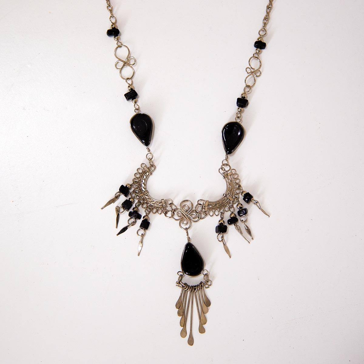 Silver Necklace with black teardrop stones