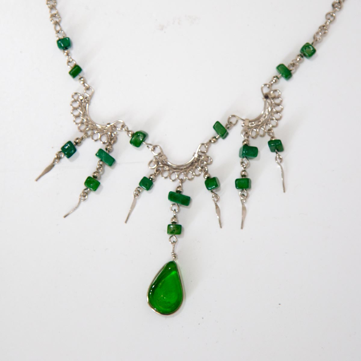 Floral Silver Necklace with Green stones