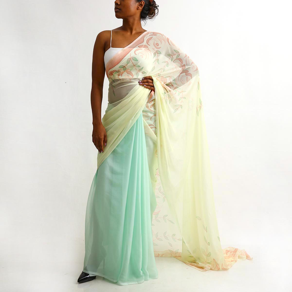Hand painted Minty Chiffon Saree