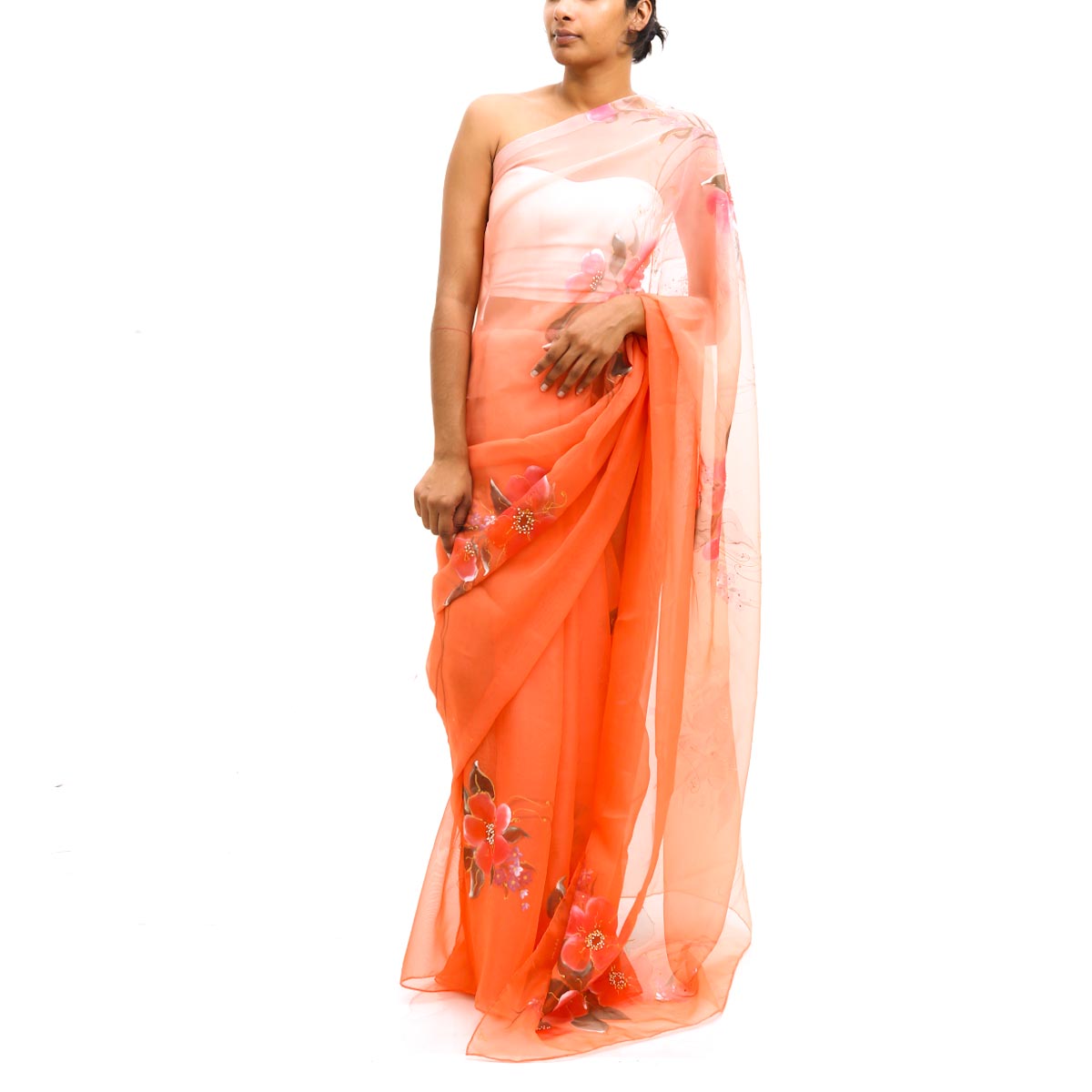 Hand painted orange floral organza saree