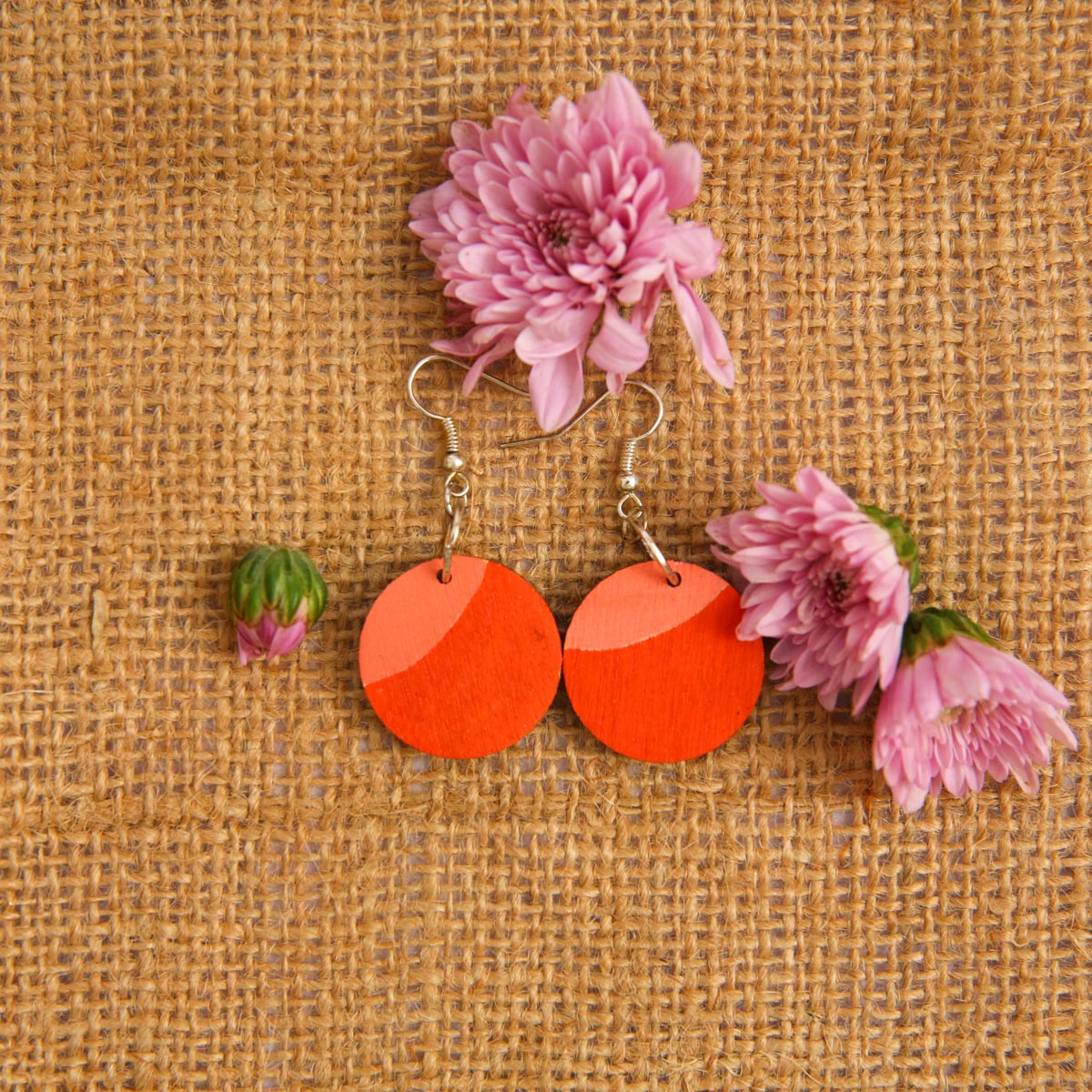 Orange Moon Wooden Earrings