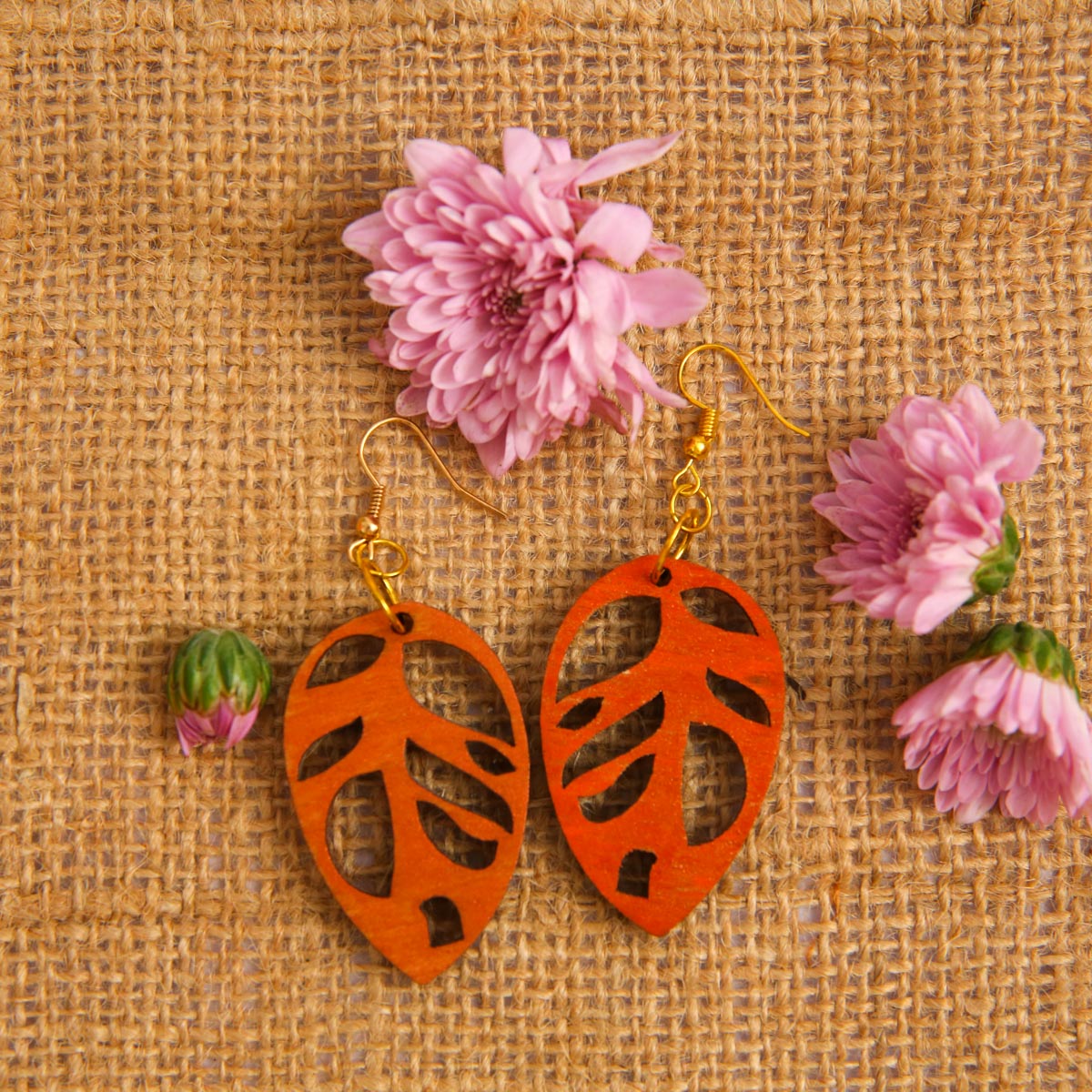 Orange Leaf Wooden Earrings