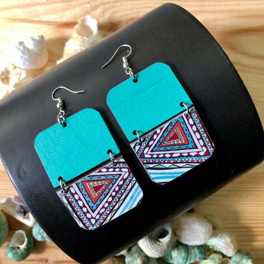 Teal Triangle Wooden Earrings
