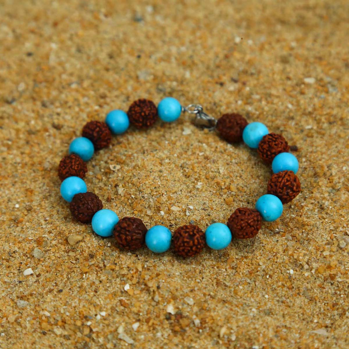 Stainless Steel Rudraksha & Turquoise Bracelet