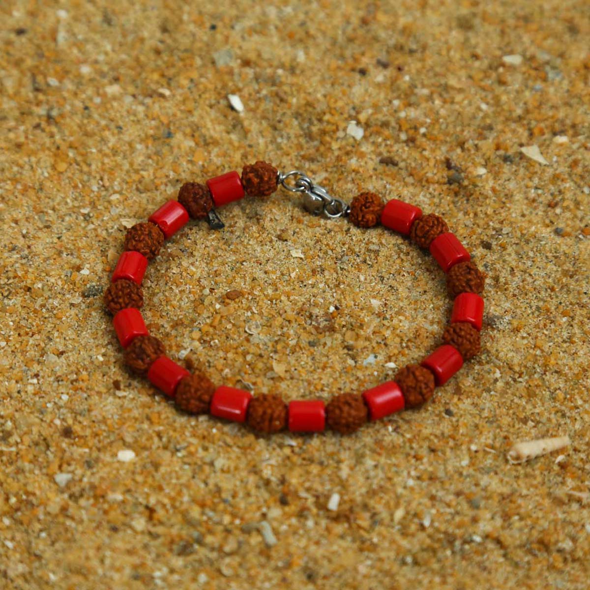Stainless Steel Rudraksha & Red Coral Bracelet