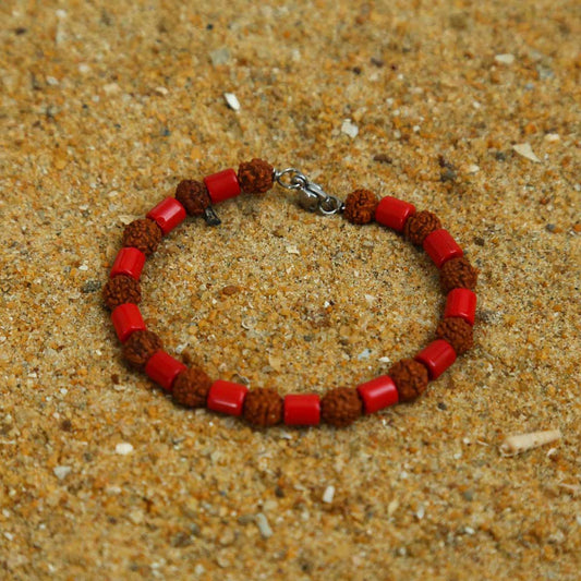 Stainless Steel Rudraksha & Red Coral Bracelet