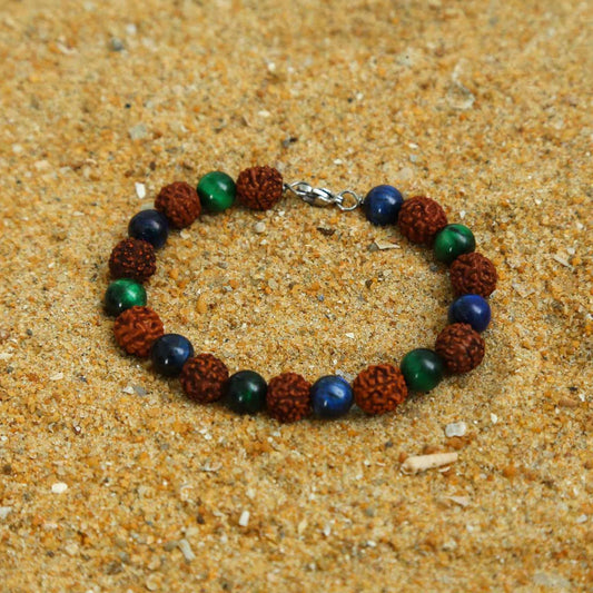 Stainless Steel Rudraksha, Blue & Green Tiger's Eye Bracelet