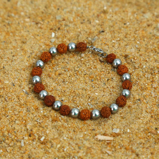 Stainless Steel Rudraksha & Plated Pearl Bracelet