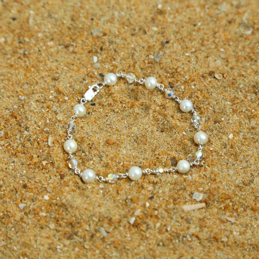 Silver Pearl & White Crystals Bracelet