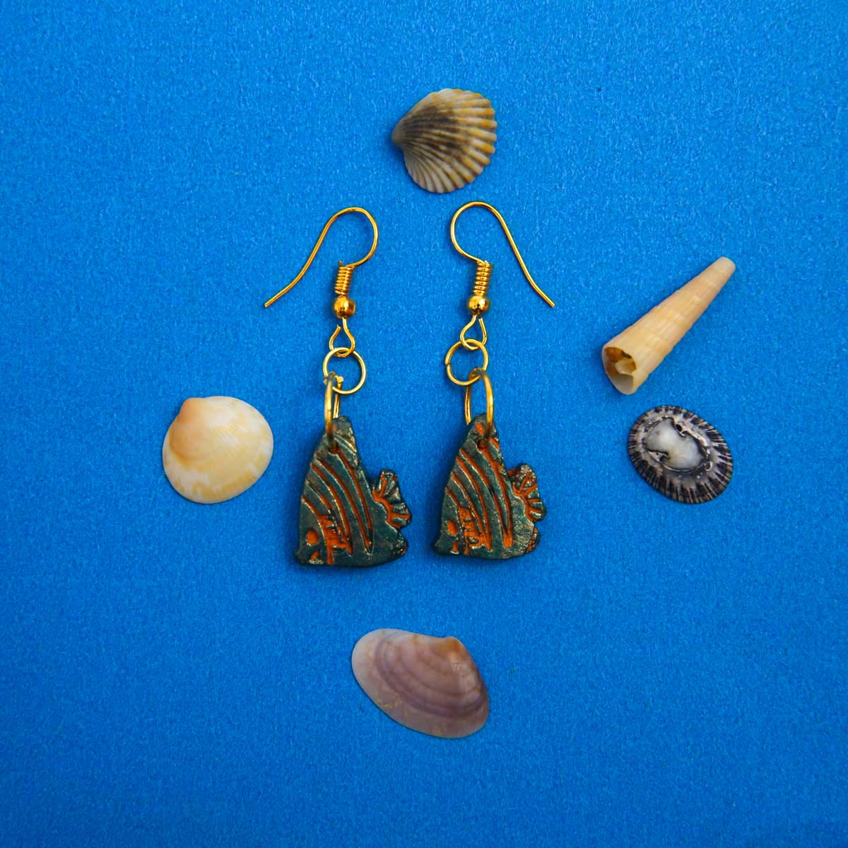 Green & Orange Angel Fish Terracotta Earrings