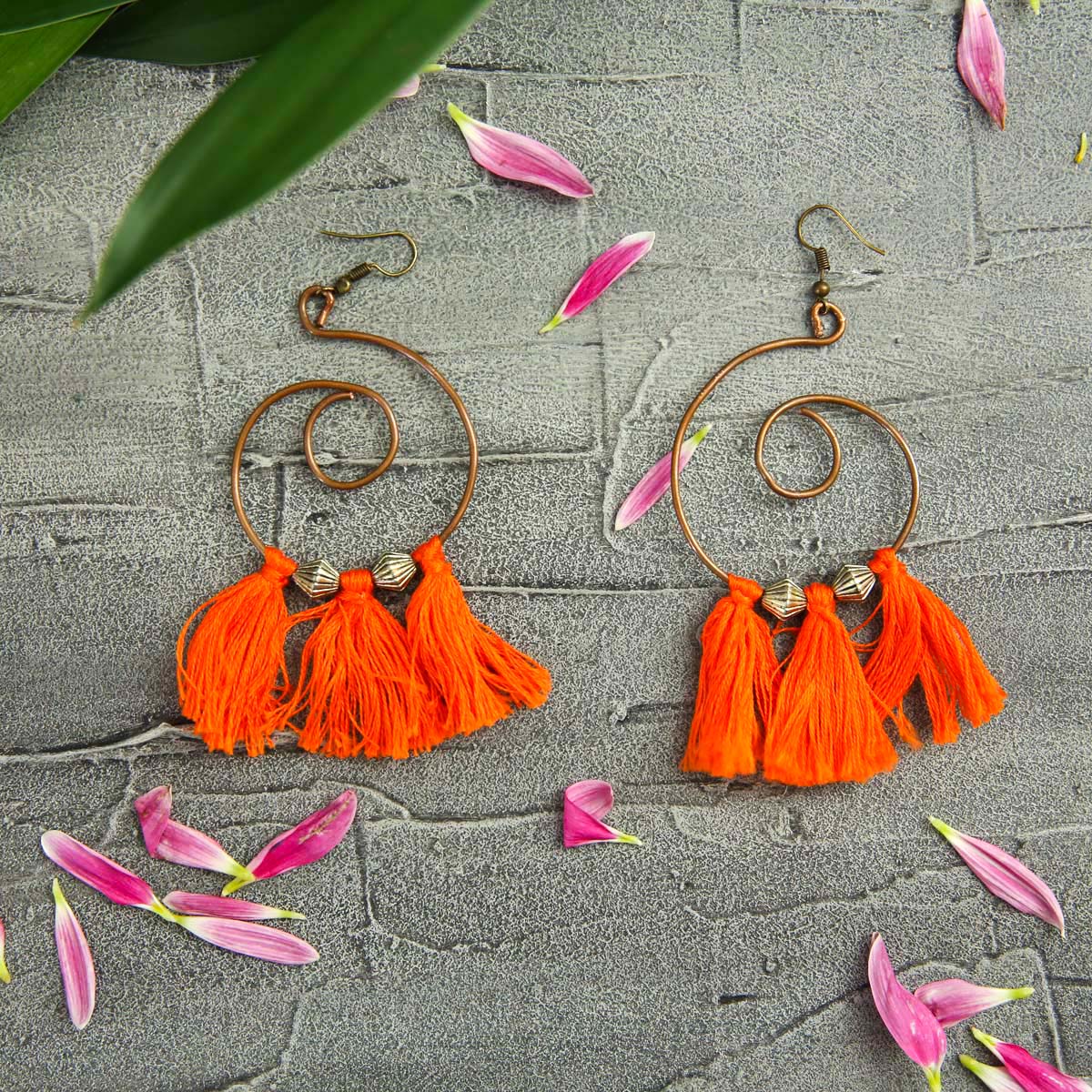 Orange Spiral Tassel Earrings