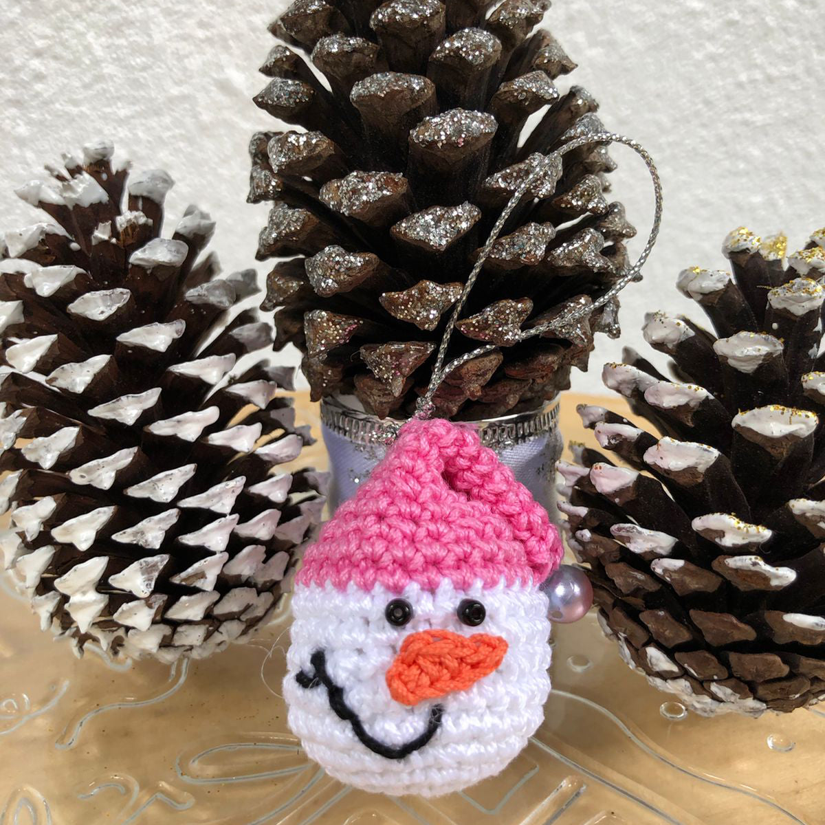 Pink Amigurumi Snowman Ornament