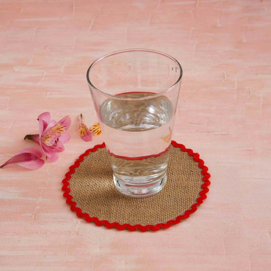 Burlap Red Round Coaster Set