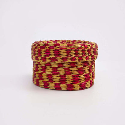 Magenta Checked Reed Round Storage Box