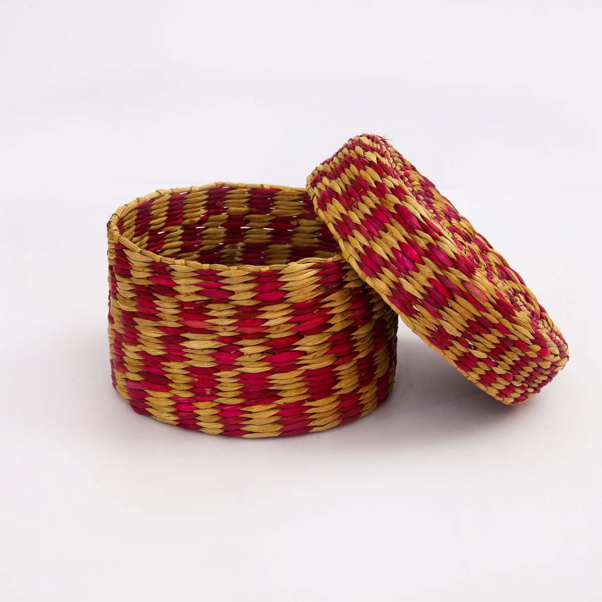 Magenta Checked Reed Round Storage Box