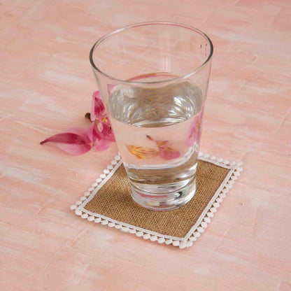 White Burlap Square Coaster Set