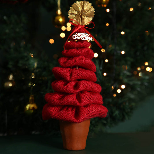 Boho Red Burlap Mini Christmas Tree