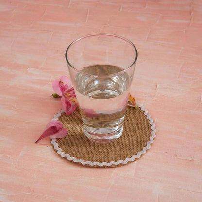 White Burlap Round Coaster Set