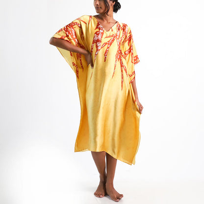 Sunny Side Emerald Fauna Silk Batik Kaftan